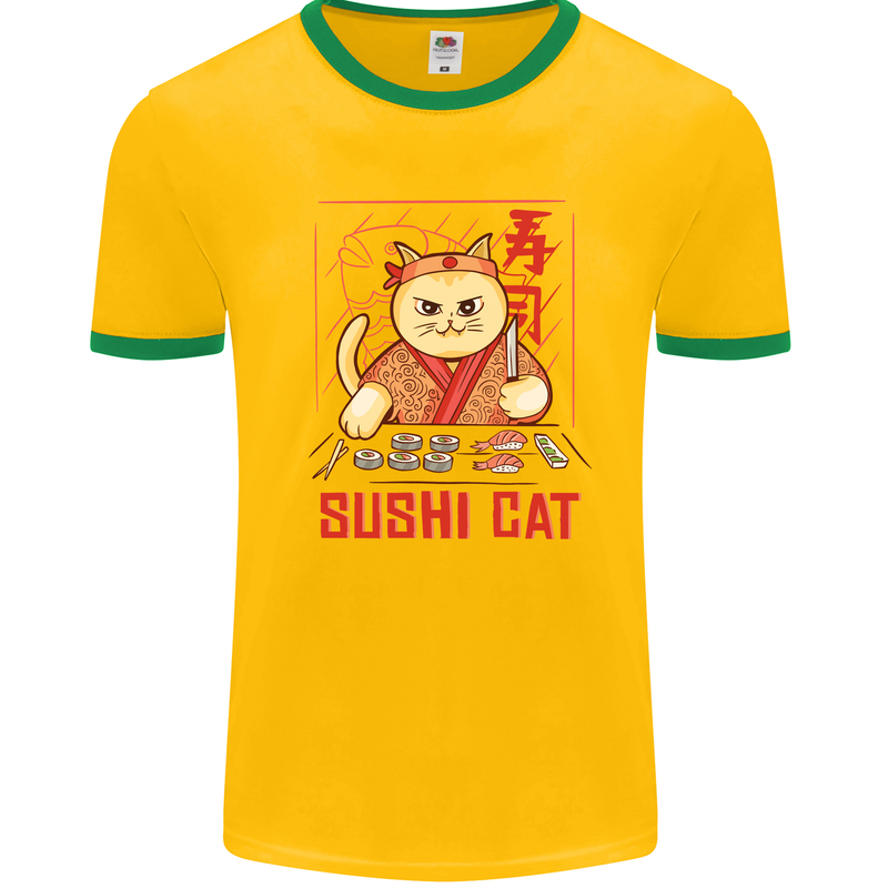 Funny Sushi Cat Food Fish Chef Japan Mens White Ringer T-Shirt Gold/Green