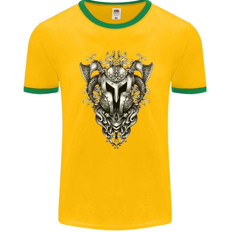 Viking Helmet Valhalla Gym Training Top Mens Ringer T-Shirt FotL Gold/Green