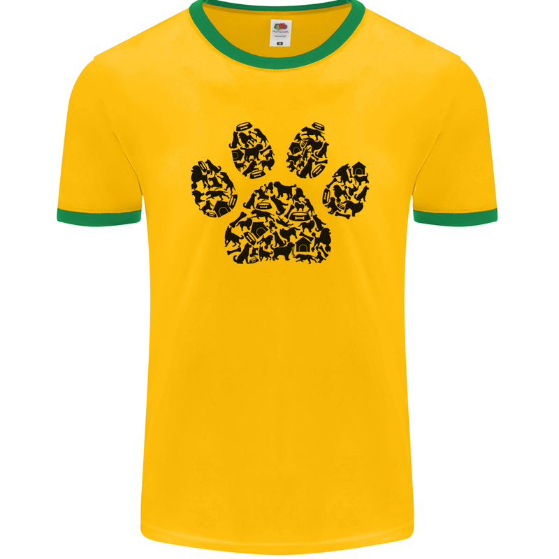 Dog Paw Print Word Art Mens Ringer T-Shirt FotL Gold/Green