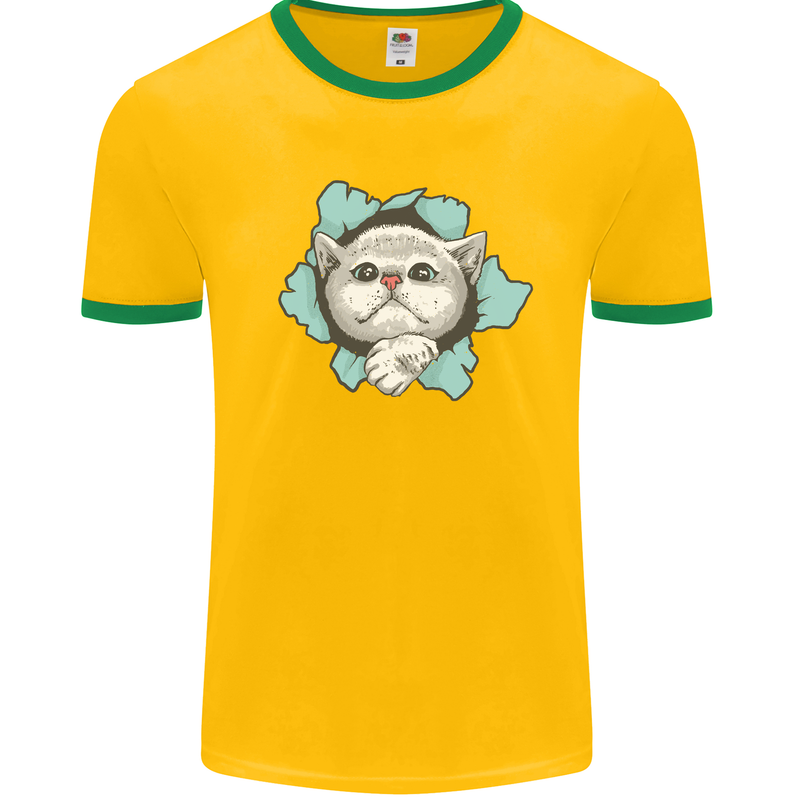 Cat Hole Mens White Ringer T-Shirt Gold/Green