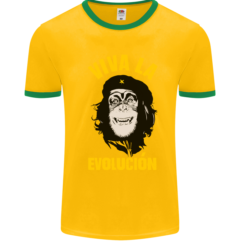 Funny Che Guevara Evolution Monkey Atheist Mens White Ringer T-Shirt Gold/Green