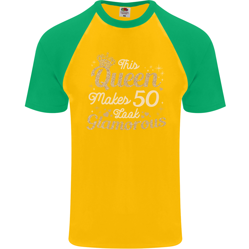 50th Birthday Queen Fifty Years Old 50 Mens S/S Baseball T-Shirt Gold/Green