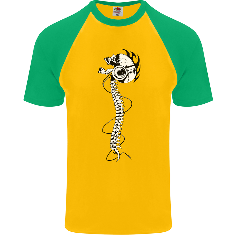 Headphone Wearing Skull Spine Mens S/S Baseball T-Shirt Gold/Green