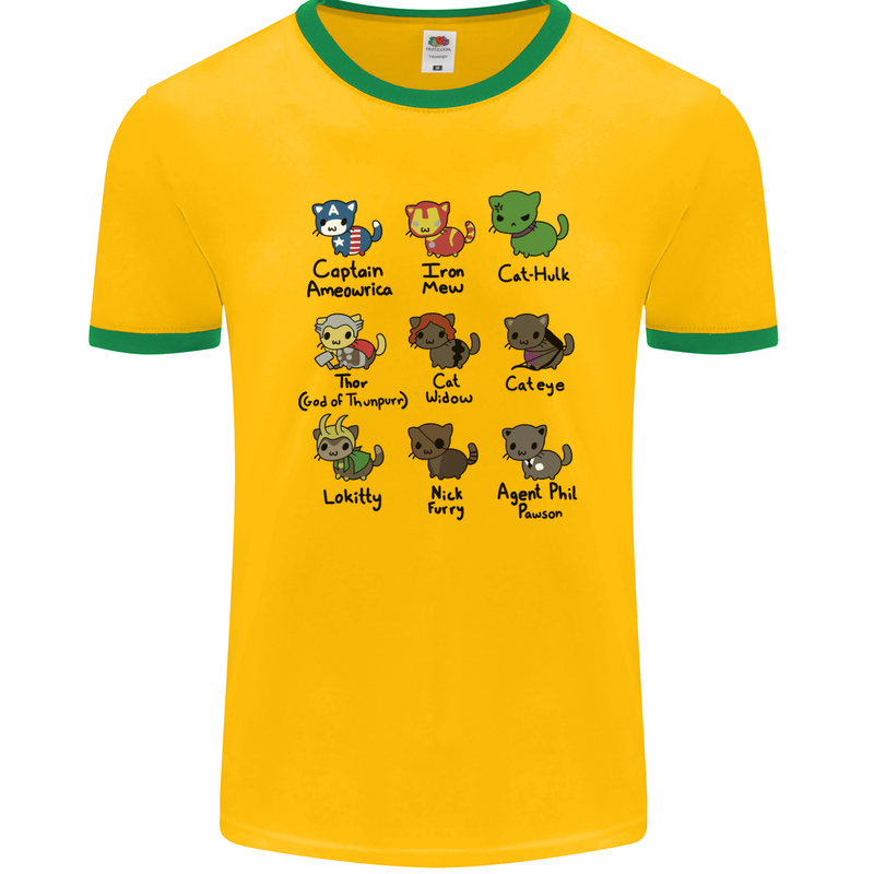 Funny Cat Superheroes Mens Ringer T-Shirt FotL Gold/Green