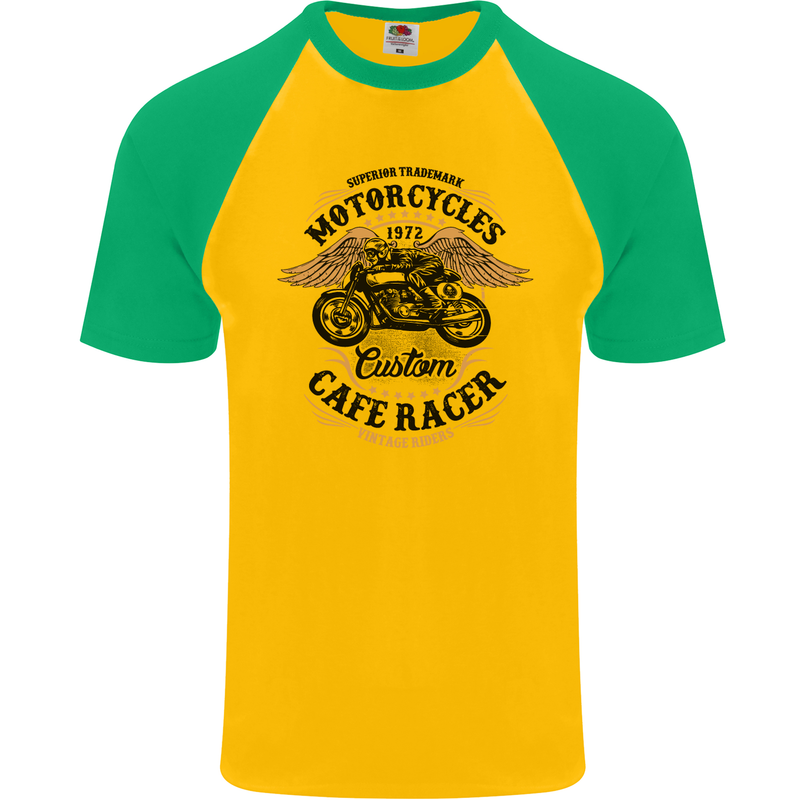 Biker Custom Cafe Racer Motorbike Mens S/S Baseball T-Shirt Gold/Green