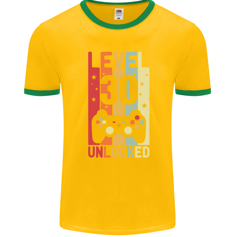 30th Birthday 30 Year Old Level Up Gamming Mens Ringer T-Shirt FotL Gold/Green