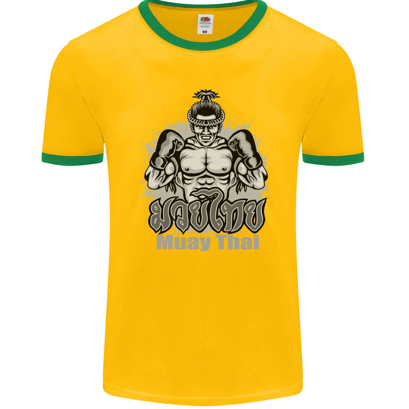 Muay Thai Boxing MMA Martial Arts Kick Mens Ringer T-Shirt FotL Gold/Green