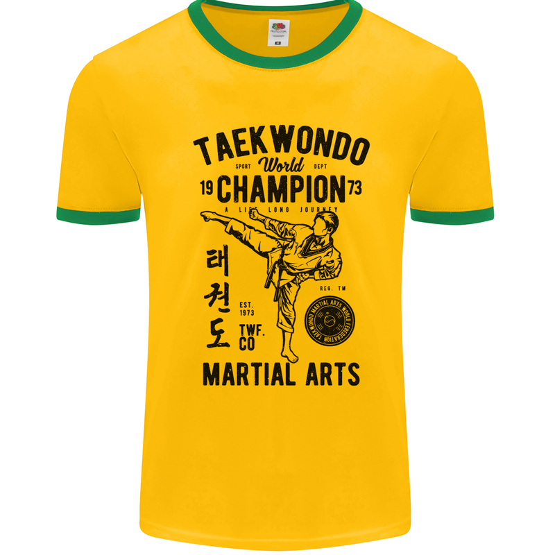 Taekwondo World Champion Martial Arts MMA Mens White Ringer T-Shirt Gold/Green