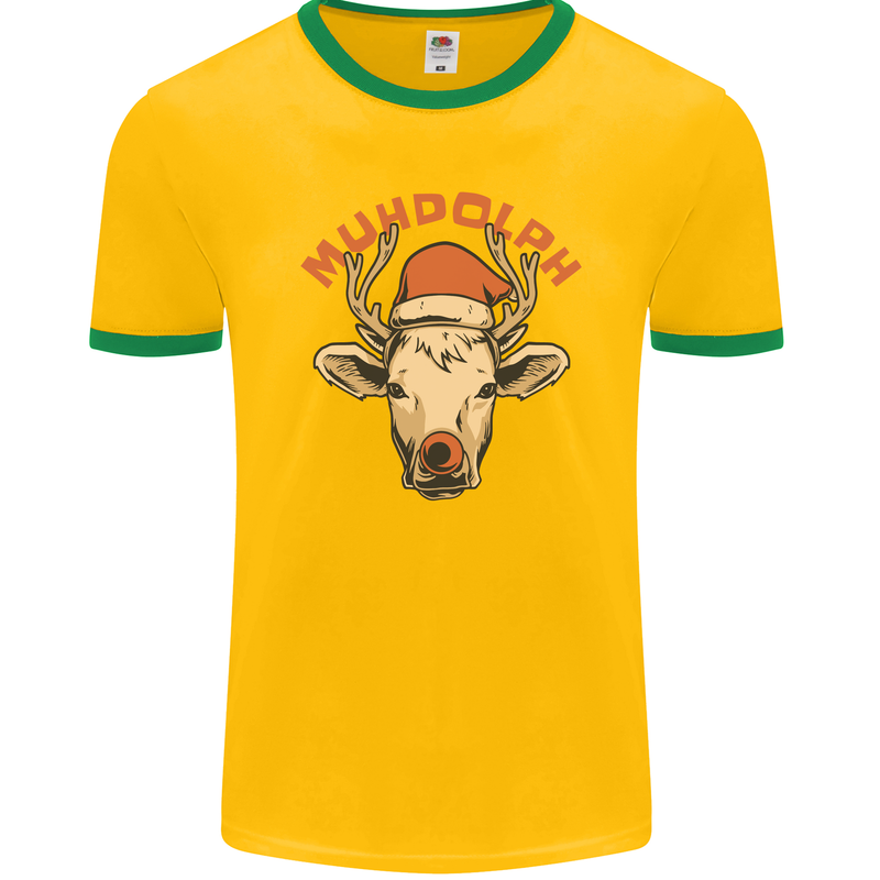 Muhdolf Funny Rudolf Christmas Cow Mens Ringer T-Shirt FotL Gold/Green