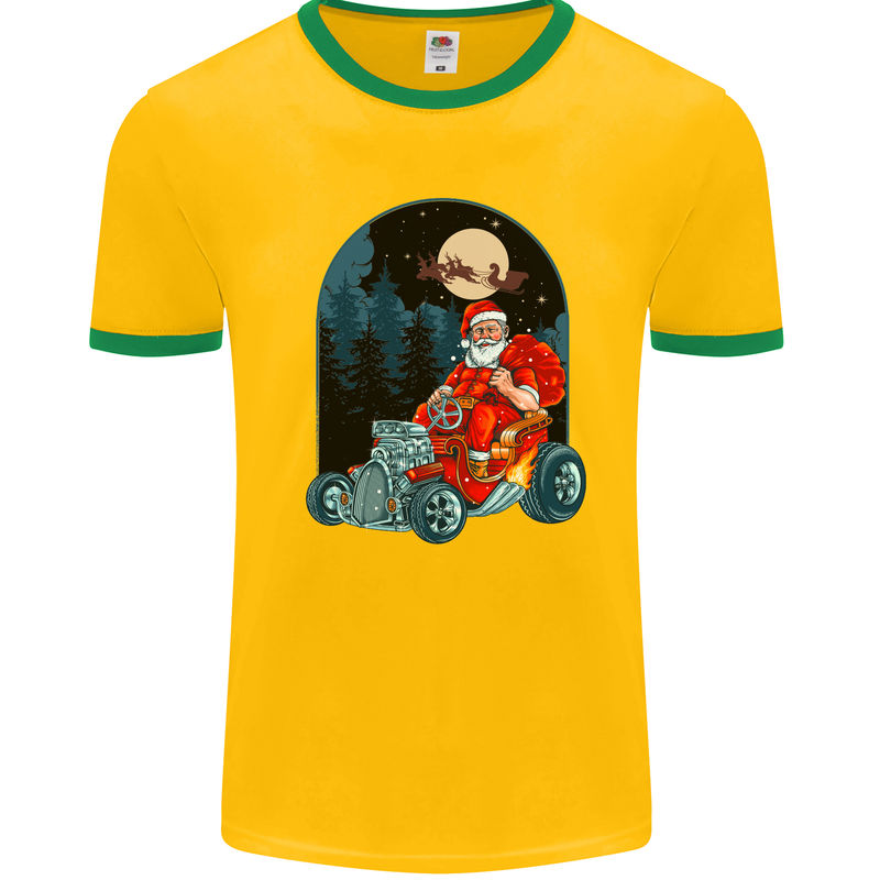 Hot Rod Santa Clause Hotrod Christmas Mens White Ringer T-Shirt Gold/Green