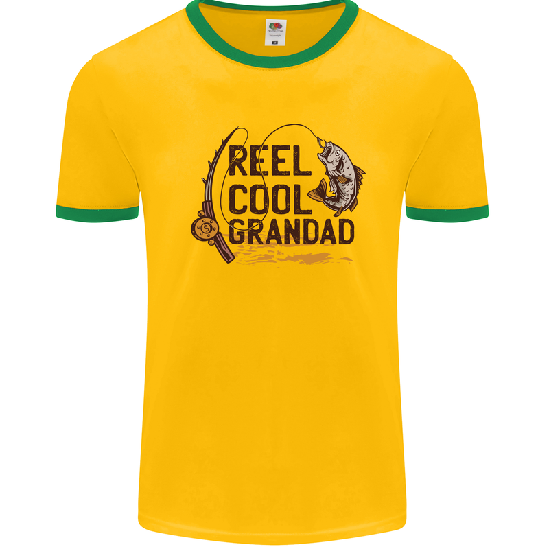 Reel Cool Grandad Funny Fishing Fisherman Mens White Ringer T-Shirt Gold/Green