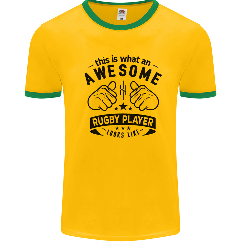 An Awesome Rugby Player Looks Like Union Mens White Ringer T-Shirt Gold/Green