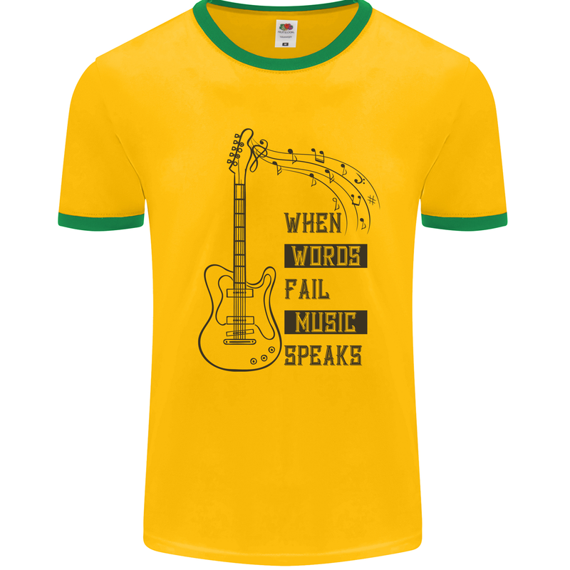 Guitar When Words Fail Music Speaks Mens Ringer T-Shirt Gold/Green