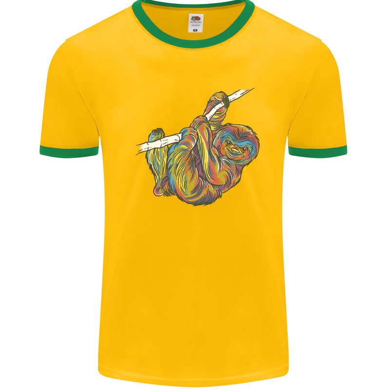 A Colourful Sloth on a Branch Mens White Ringer T-Shirt Gold/Green