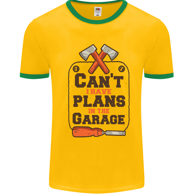 Plans In the Garage Carpentry DIY Tradesman Mens White Ringer T-Shirt Gold/Green