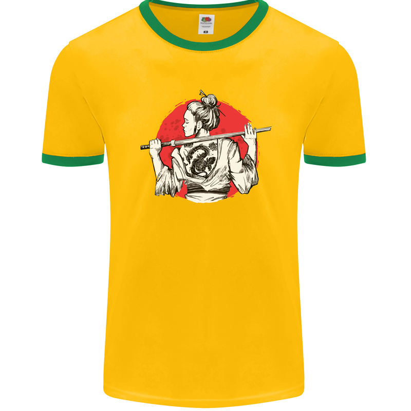 Samurai Tattoo Girl MMA Kenjutsu Kendo Iaido Mens Ringer T-Shirt FotL Gold/Green