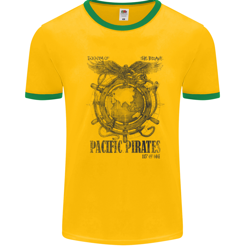 Pacific Pirates Sailing Sailor Boat Mens White Ringer T-Shirt Gold/Green