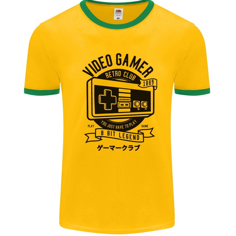 Video Gamer Retro Club Gaming Mens White Ringer T-Shirt Gold/Green