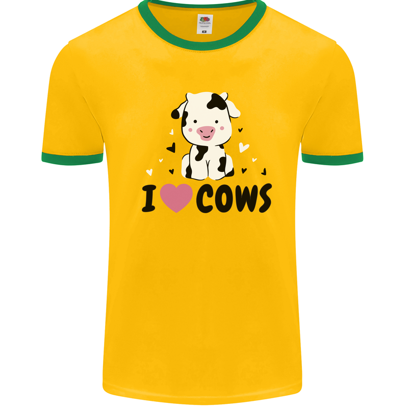 I Love Cows Mens White Ringer T-Shirt Gold/Green