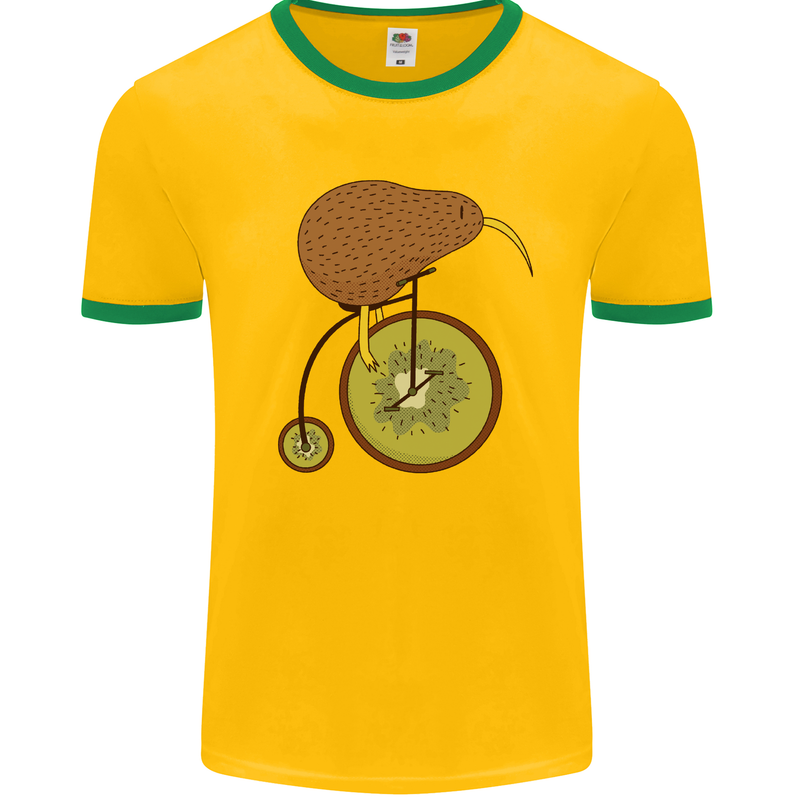 Funny Cycling Kiwi Bicycle Bike Mens White Ringer T-Shirt Gold/Green