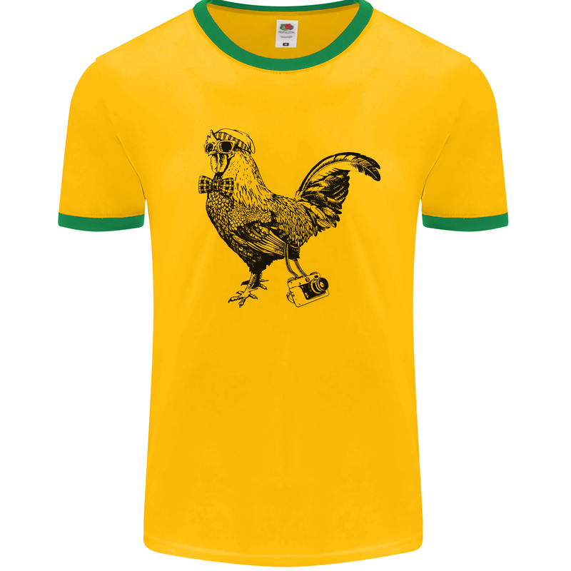 Rooster Camera Photography Photographer Mens White Ringer T-Shirt Gold/Green