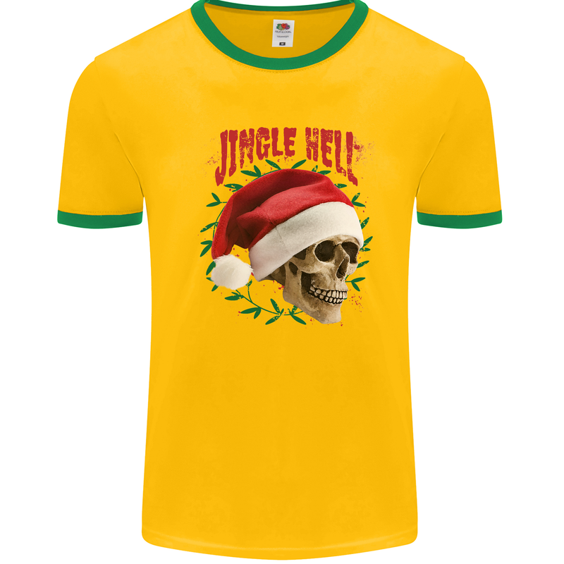 Jingle Hell Funny Christmas Skull Xmas Mens White Ringer T-Shirt Gold/Green