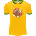 Funny Christmas Highland Cow Santa Hat Mens Ringer T-Shirt FotL Gold/Green