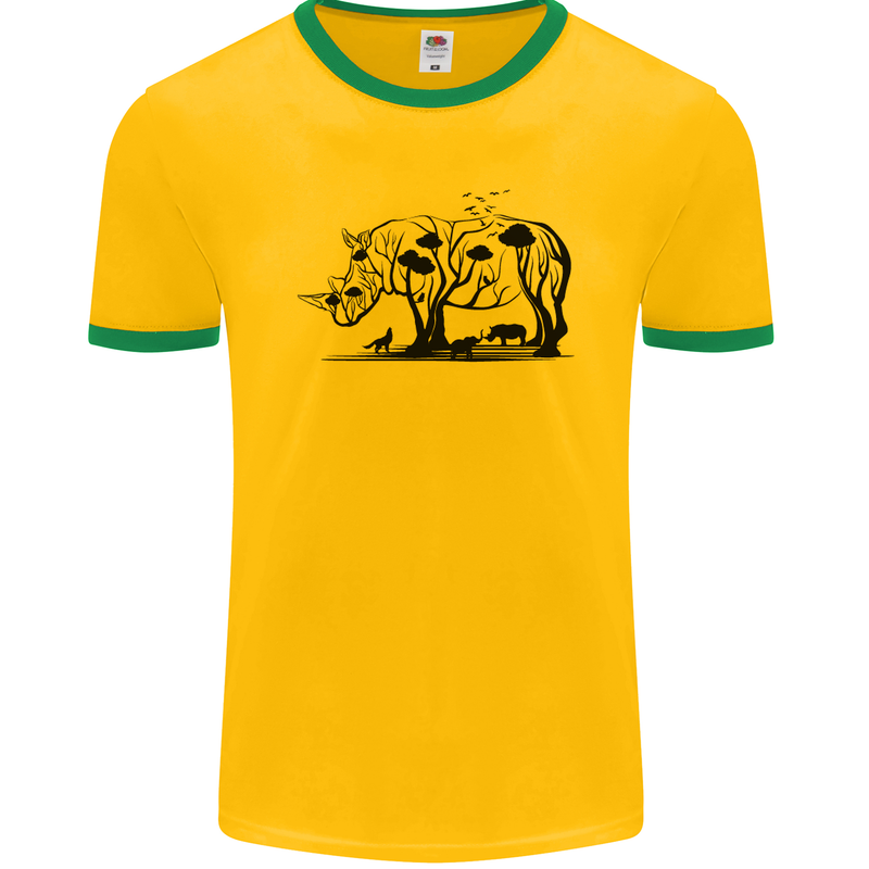 Rhino Ecology Rhinoceroses Mens Ringer T-Shirt FotL Gold/Green