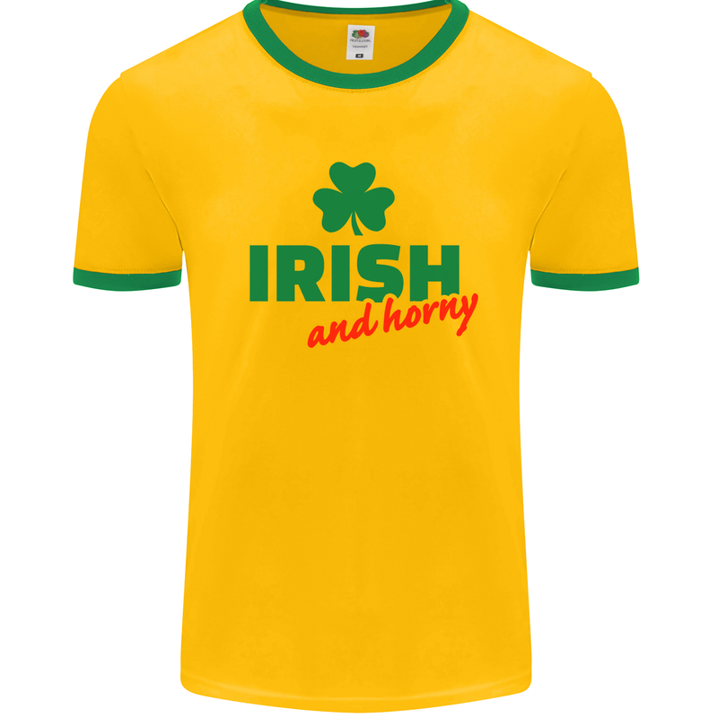 Irish and Horny St. Patrick's Day Mens White Ringer T-Shirt Gold/Green