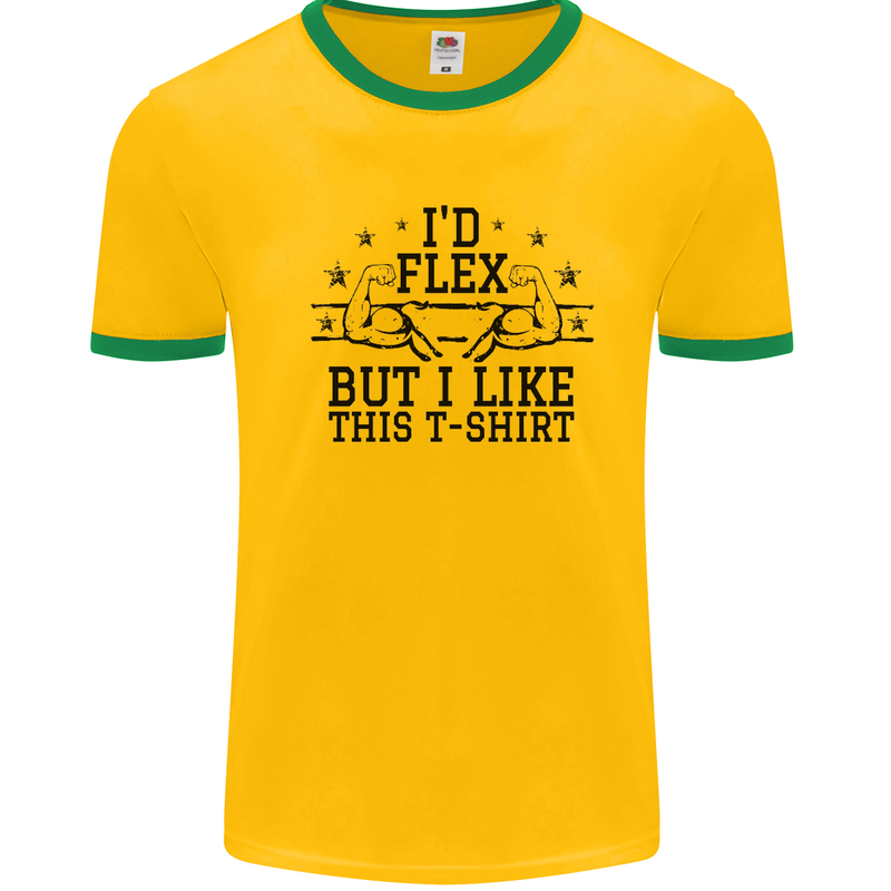 Gym I'd Flex but I Like This Funny Mens White Ringer T-Shirt Gold/Green