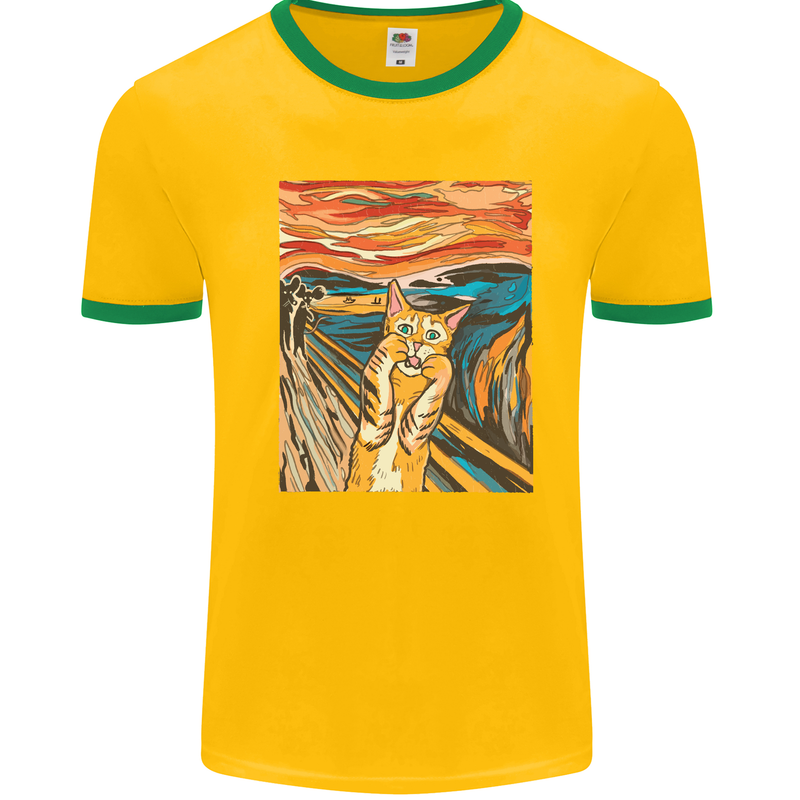 Cat Scream Painting Parody Mens White Ringer T-Shirt Gold/Green