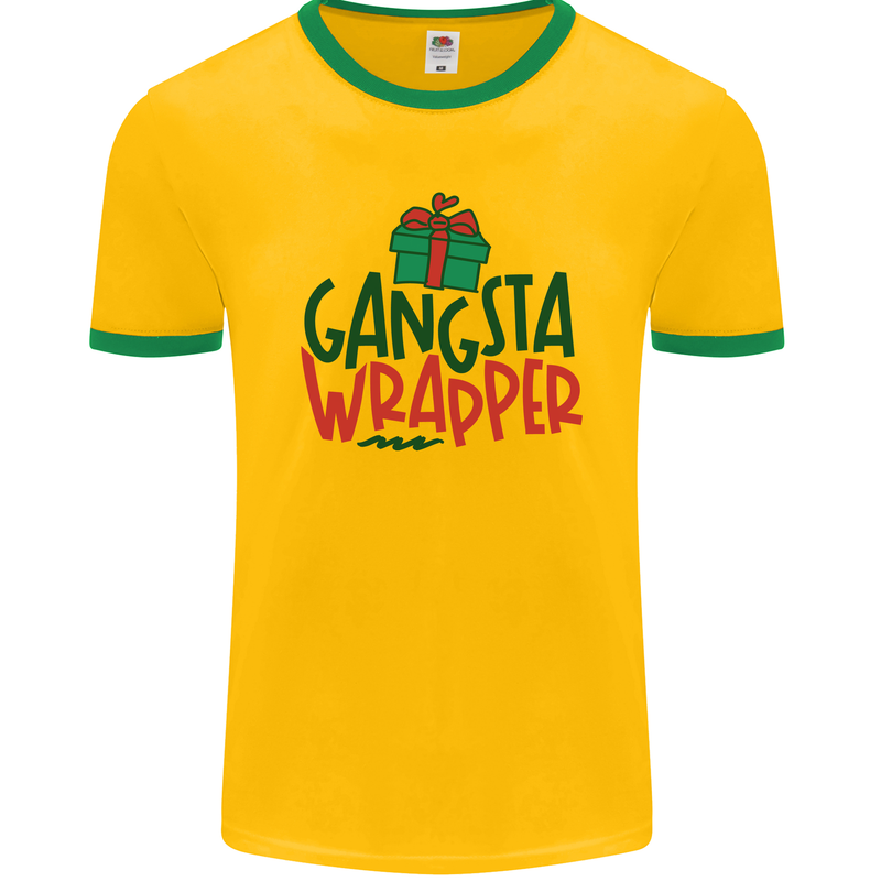 Gangsta Wrapper Funny Christmas Present Mens Ringer T-Shirt FotL Gold/Green