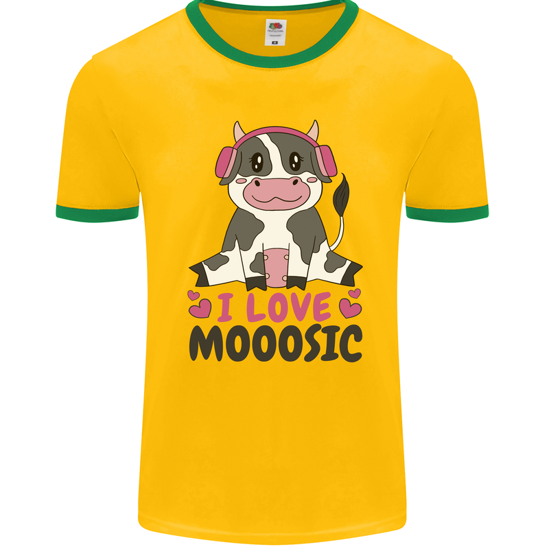 I Love Mooosic Funny Cow DJ Mens Ringer T-Shirt FotL Gold/Green