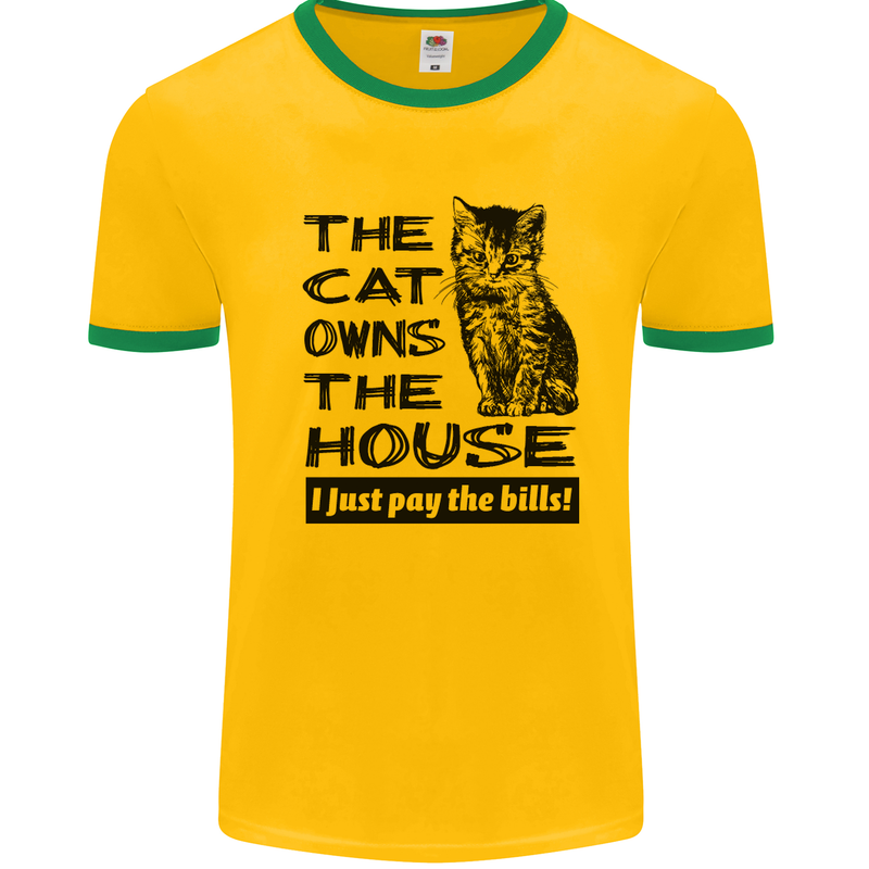 The Cat Owns the House Funny Kitten Mens White Ringer T-Shirt Gold/Green