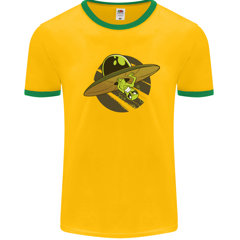 A Funny Alien Stuck in a UFO Flying Saucer Mens White Ringer T-Shirt Gold/Green