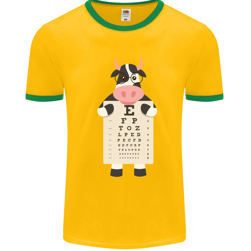 A Cow Holding a Snellen Eye Chart Glasses Mens White Ringer T-Shirt Gold/Green