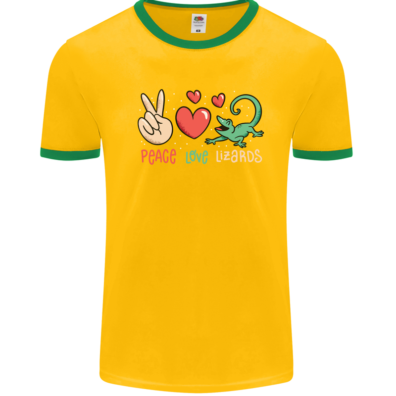 Peace Love Lizards Funny Gekko Iguana Mens White Ringer T-Shirt Gold/Green