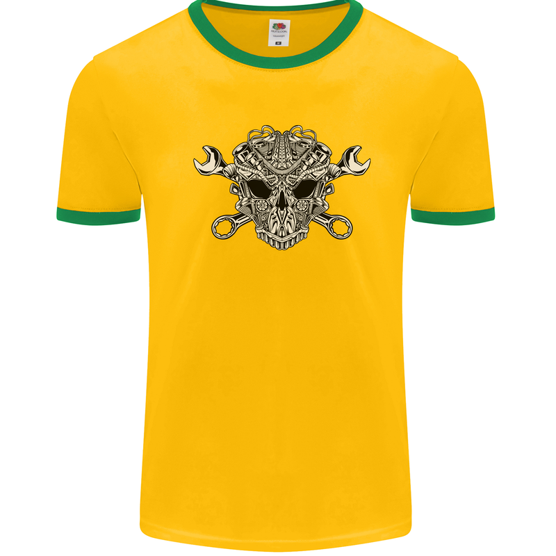 Mechanic Engine Skull Mens White Ringer T-Shirt Gold/Green