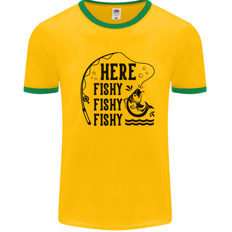 Here Fishy Fishy Funny Fishing Fisherman Mens White Ringer T-Shirt Gold/Green