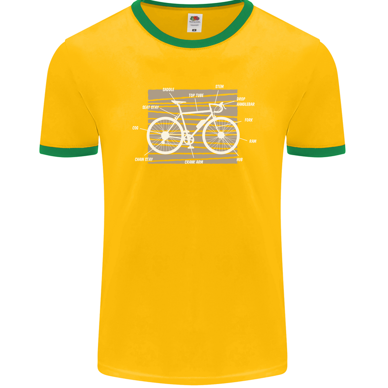 Bicycle Anatomy Funny Cyclist Cycling Funny Mens Ringer T-Shirt FotL Gold/Green