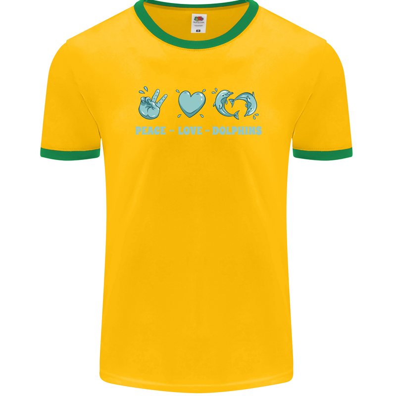 Peace Love Dolphins Sea life Mens Ringer T-Shirt FotL Gold/Green