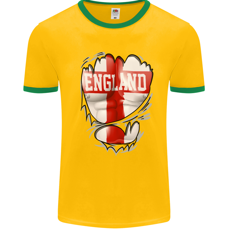 Gym St. George's Cross English Flag England Mens White Ringer T-Shirt Gold/Green