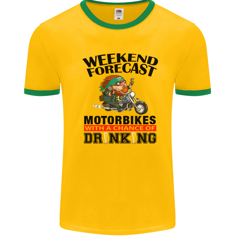 Weekend Forecast Motorbikes Mens White Ringer T-Shirt Gold/Green