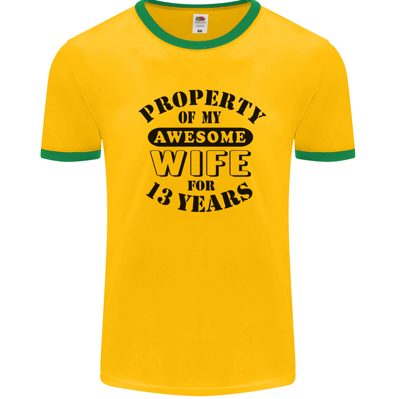 13th Wedding Anniversary 13 Year Funny Wife Mens Ringer T-Shirt Gold/Green