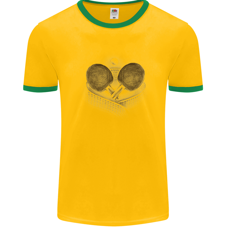 Ping Pong Sketch Table Tennis Set Mens White Ringer T-Shirt Gold/Green