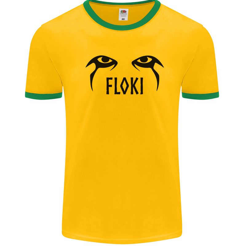 Floki Eyes Vikings Valhalla Odin Mens White Ringer T-Shirt Gold/Green