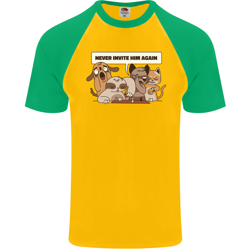 Sloth Board Games Funny Mens S/S Baseball T-Shirt Gold/Green