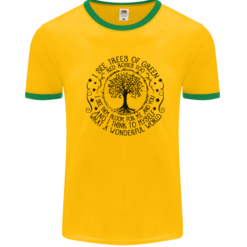 Trees What a Wonderful World Environment Mens White Ringer T-Shirt Gold/Green
