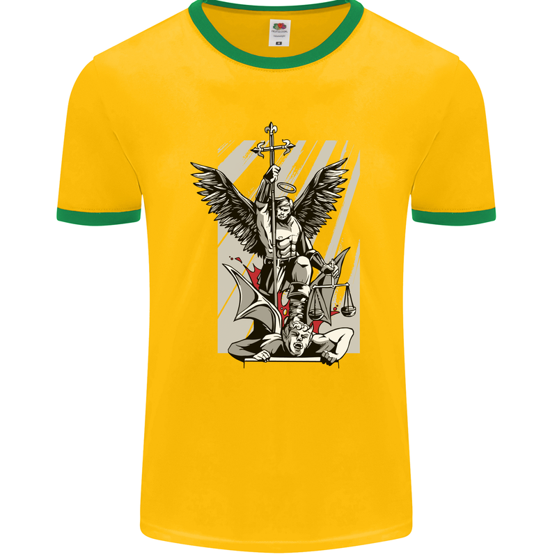 St. Michael Killing the Devil Christian God Mens Ringer T-Shirt FotL Gold/Green