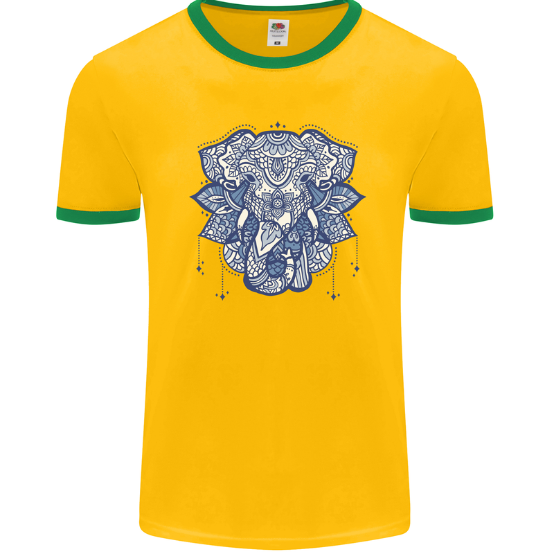 Elephant Mandala Art Mens Ringer T-Shirt FotL Gold/Green